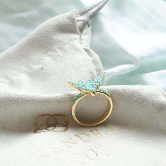 Kendra Scott Melody Bird Gold Teal Crystal Cocktail Ring Size #7 - Picture 3 of 3